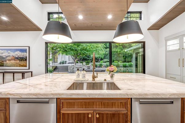 Interior, Kitchen, Pendant Lights, Recessed Lighting, Stainless Steel Appliances, Wooden Ceilings