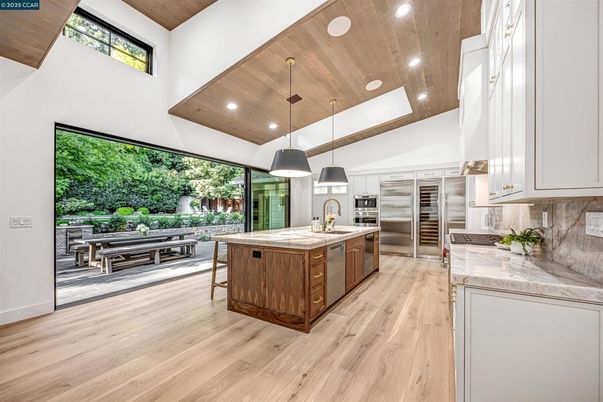 Interior, Kitchen, Pendant Lights, Recessed Lighting, Stainless Steel Appliances, Wooden Ceilings, Wood Texture Flooring