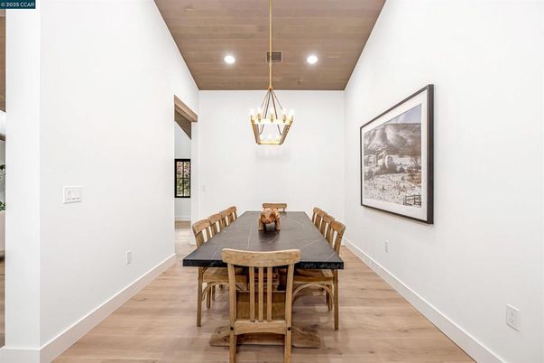 Dining room, Interior, Pendant Lights, Recessed Lighting, Wood Texture Flooring