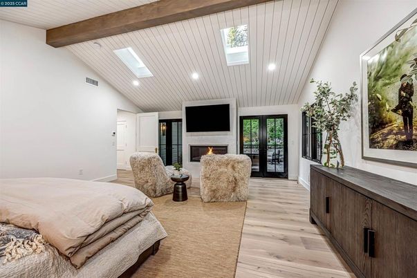 Bedroom, Fireplace, Interior, Recessed Lighting, Wooden Beams, Wood Texture Flooring