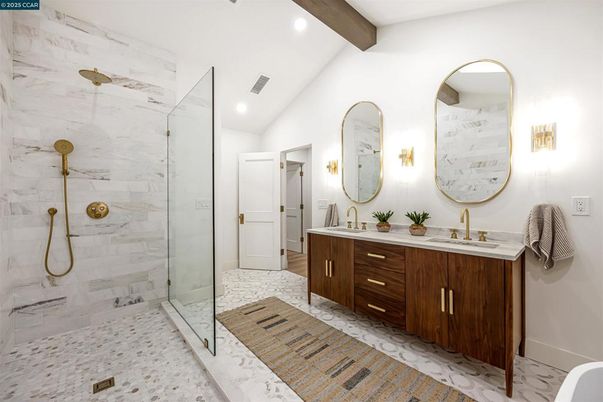 Bathroom, Dual Sink Vanities, Glass Shower, Interior, Marble Walls, Recessed Lighting, Wooden Beams