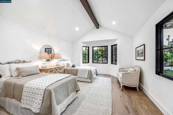 Bedroom, Interior, Recessed Lighting, Wooden Beams, Wood Texture Flooring