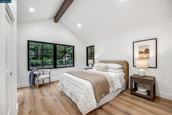 Bedroom, Interior, Recessed Lighting, Wooden Beams, Wood Texture Flooring