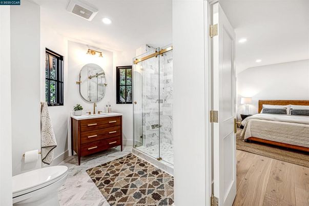 Bathroom, Bedroom, Glass Shower, Interior, Marble, Marble Walls, Recessed Lighting, Wood Texture Flooring