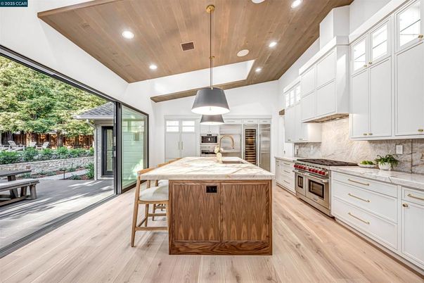 Interior, Kitchen, Pendant Lights, Recessed Lighting, Stainless Steel Appliances, Wooden Ceilings, Wood Texture Flooring
