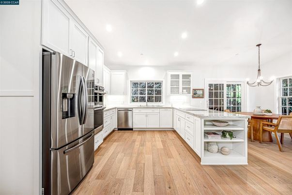 Interior, Kitchen, Pendant Lights, Recessed Lighting, Stainless Steel Appliances, Wood Texture Flooring