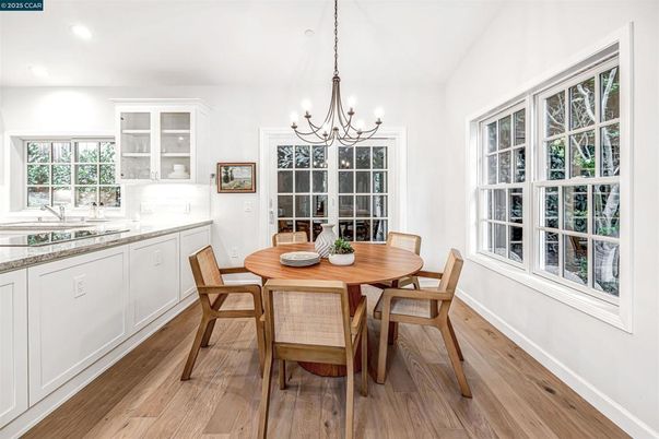 Chandelier, Dining room, Interior, Recessed Lighting, Wood Texture Flooring