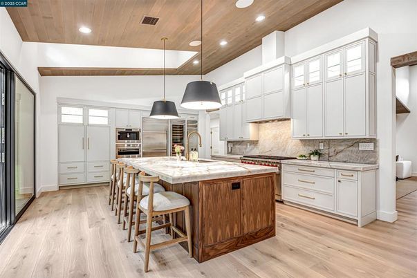 Interior, Kitchen, Pendant Lights, Recessed Lighting, Stainless Steel Appliances, Wooden Ceilings, Wood Texture Flooring