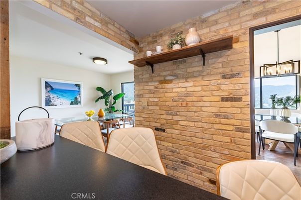 Dining room, Interior, Pendant Lights, Stone Walls, Wood Texture Flooring