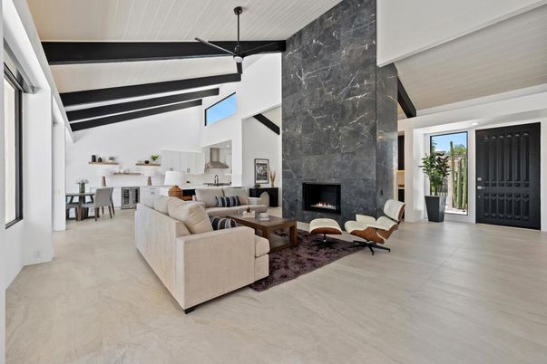 Dining room, Fireplace, Interior, Kitchen, Living room, Marble, Marble Walls, Pendant Lights, Wooden Beams
