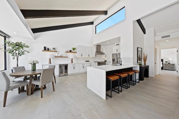 Dining room, Interior, Kitchen, Recessed Lighting, Stainless Steel Appliances, Wooden Beams, Wood Texture Flooring