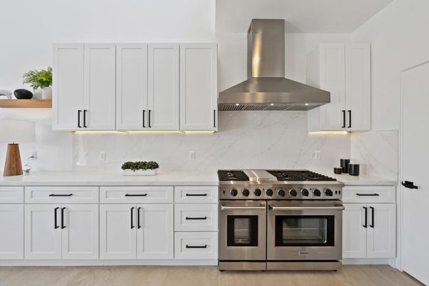 Interior, Kitchen, Marble Walls, Stainless Steel Appliances, Wood Texture Flooring