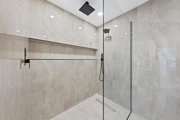 Bathroom, Glass Shower, Interior, Marble, Marble Walls, Recessed Lighting