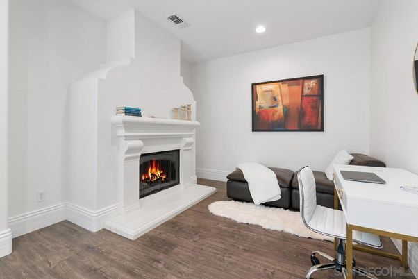 Fireplace, Home Office, Interior, Recessed Lighting, Wood Texture Flooring