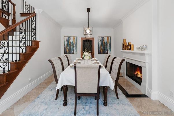 Dining room, Fireplace, Interior, Pendant Lights
