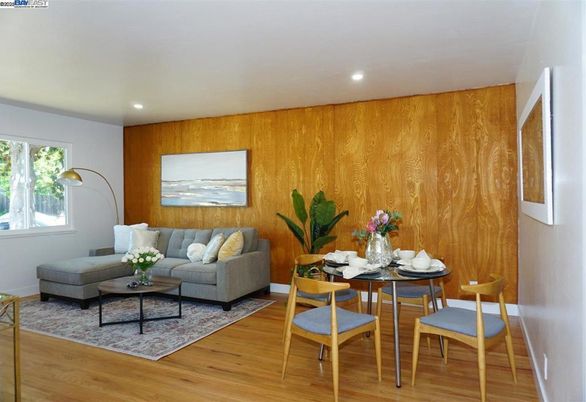 Dining room, Interior, Living room, Recessed Lighting, Wood Texture Flooring, Wooden Walls