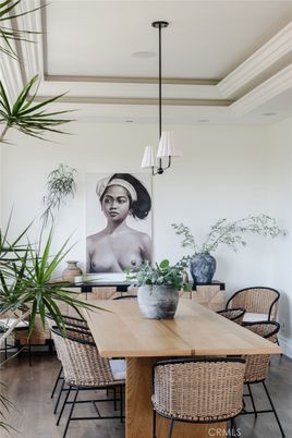 Dining room, Interior, Pendant Lights, Wood Texture Flooring