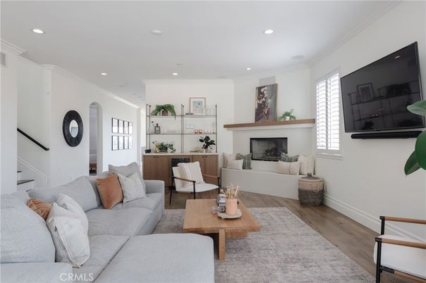 Fireplace, Interior, Living room, Recessed Lighting, Wood Texture Flooring