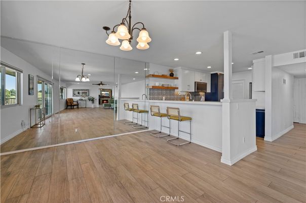 Chandelier, Interior, Kitchen, Pendant Lights, Recessed Lighting, Wood Texture Flooring
