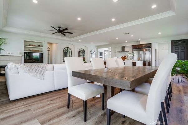Dining room, Interior, Kitchen, Living room, Recessed Lighting, Stainless Steel Appliances, Wood Texture Flooring