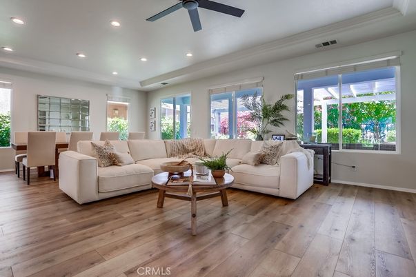 Dining room, Interior, Living room, Recessed Lighting, Wood Texture Flooring