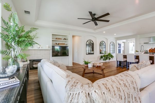 Dining room, Fireplace, Interior, Living room, Recessed Lighting, Wood Texture Flooring