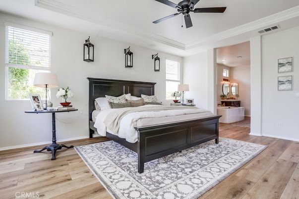 Bedroom, Interior, Recessed Lighting, Wood Texture Flooring