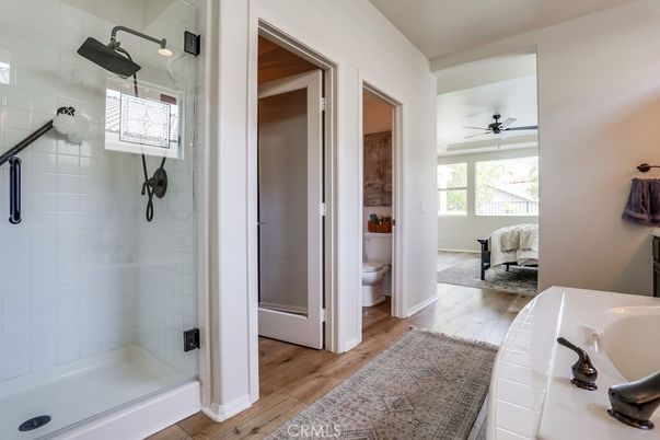 Bathroom, Glass Shower, Interior, Wood Texture Flooring