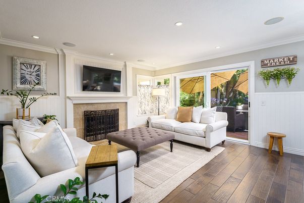 Fireplace, Interior, Living room, Recessed Lighting, Wood Texture Flooring