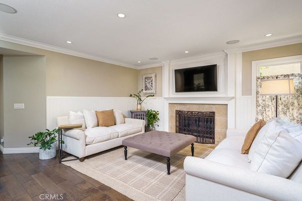 Fireplace, Interior, Living room, Recessed Lighting, Wood Texture Flooring