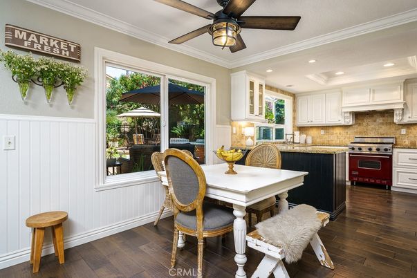Dining room, Interior, Kitchen, Recessed Lighting, Stainless Steel Appliances, Wood Texture Flooring