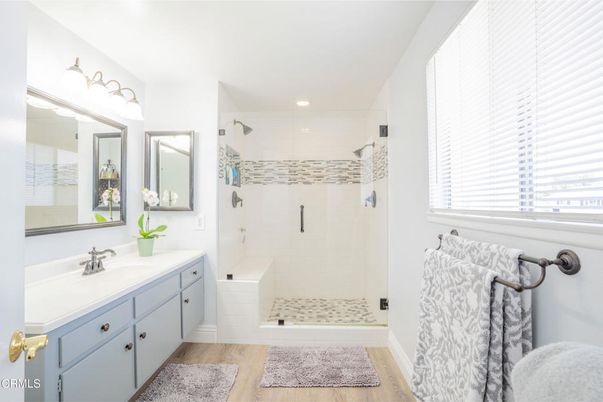 Bathroom, Glass Shower, Interior, Recessed Lighting, Wood Texture Flooring