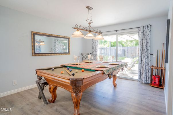 Billiard Table, Game Room, Interior, Pendant Lights, Wood Texture Flooring
