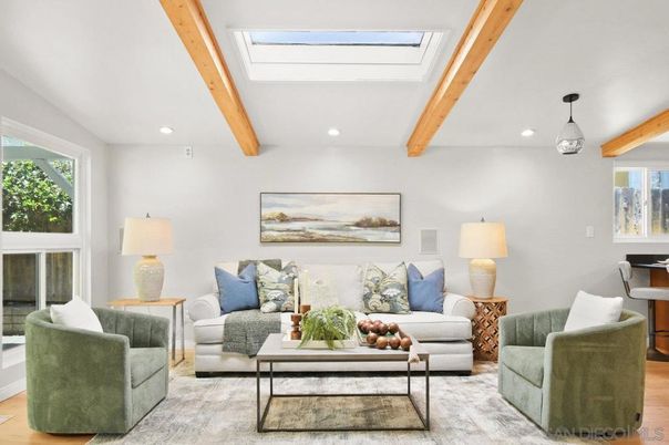 Interior, Living room, Pendant Lights, Recessed Lighting, Wooden Beams, Wood Texture Flooring
