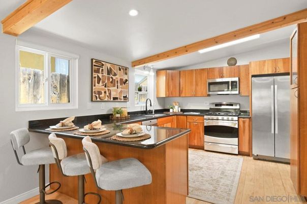 Interior, Kitchen, Recessed Lighting, Stainless Steel Appliances, Wooden Beams, Wood Texture Flooring