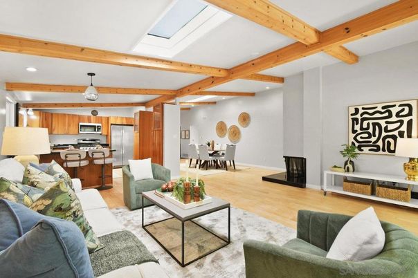 Dining room, Interior, Kitchen, Living room, Recessed Lighting, Stainless Steel Appliances, Wooden Beams, Wood Texture Flooring