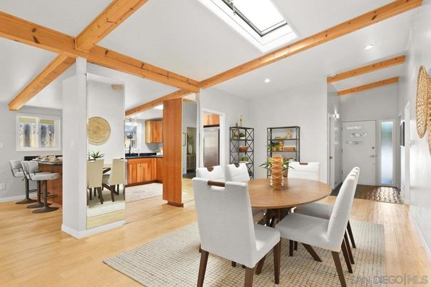 Dining room, Interior, Recessed Lighting, Wooden Beams, Wood Texture Flooring