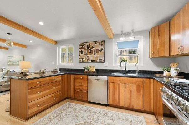 Interior, Kitchen, Recessed Lighting, Wooden Beams, Wood Texture Flooring