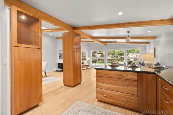 Interior, Kitchen, Recessed Lighting, Wooden Beams, Wood Texture Flooring