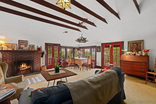 Chandelier, Dining room, Fireplace, Interior, Living room, Wooden Beams