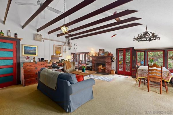 Chandelier, Dining room, Fireplace, Interior, Living room, Wooden Beams