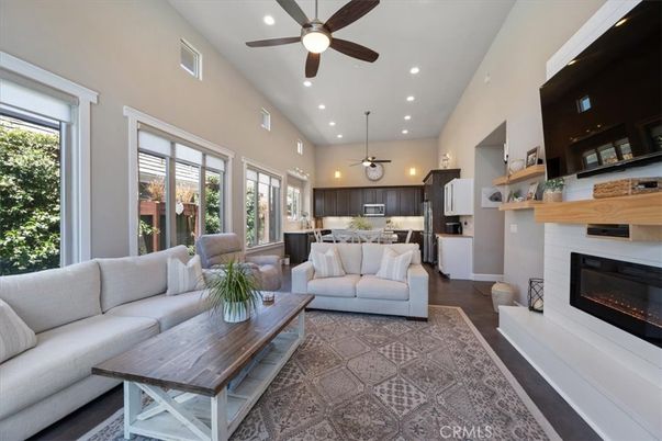 Fireplace, Interior, Kitchen, Living room, Pendant Lights, Recessed Lighting, Wood Texture Flooring