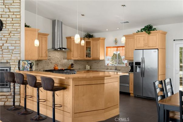 Interior, Kitchen, Pendant Lights, Recessed Lighting, Stainless Steel Appliances, Stone Walls