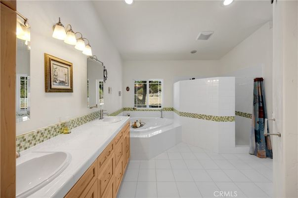 Bathroom, Dual Sink Vanities, Interior, Recessed Lighting, Tile Countertops