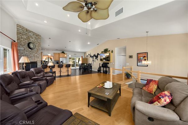 Dining room, Fireplace, Interior, Kitchen, Living room, Pendant Lights, Recessed Lighting, Stone Walls, Wood Texture Flooring