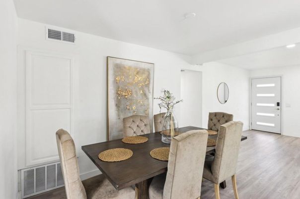 Dining room, Interior, Recessed Lighting, Wood Texture Flooring