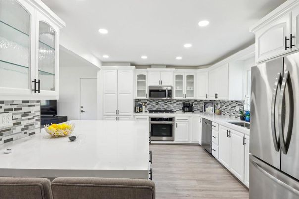 Interior, Kitchen, Recessed Lighting, Stainless Steel Appliances, Wood Texture Flooring
