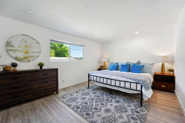 Bedroom, Interior, Recessed Lighting, Wood Texture Flooring