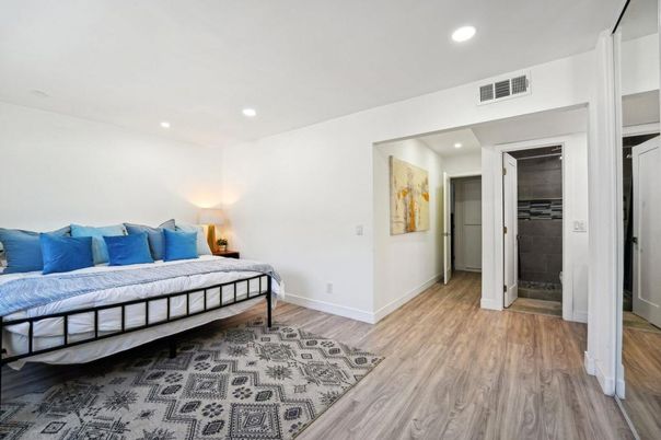 Bedroom, Interior, Recessed Lighting, Wood Texture Flooring