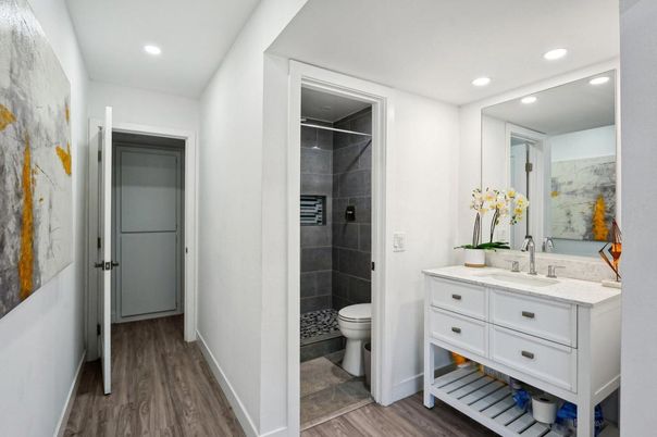 Bathroom, Interior, Recessed Lighting, Wood Texture Flooring